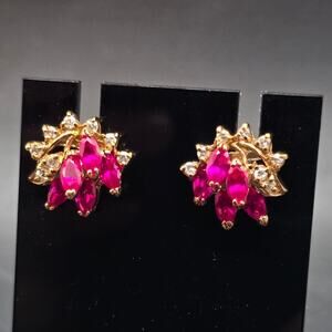 SETA Ruby CZ Earrings Studs Post Pierced Gold Tone
